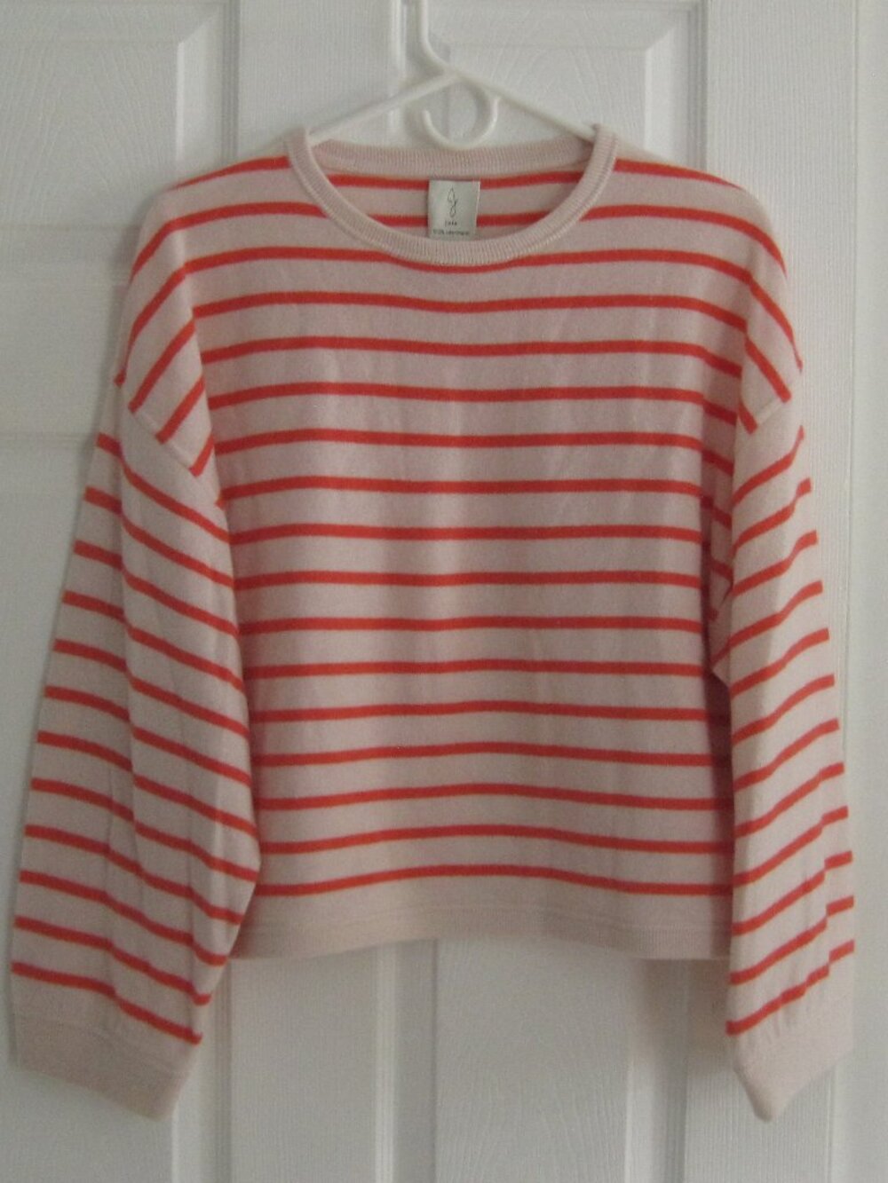 Joie Coral Pink Striped Pullover Sweater Size M 100% Cashmere Crew Neck Boxy - Picture 2 of 12